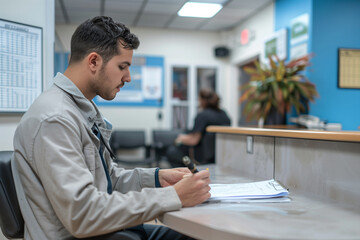 A patient completing a health history form in a waiting room. Commercial professional colorgrading photo
