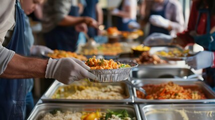 Volunteer hand serving meals to homeless people in shelter. Charity, donations. Generative AI