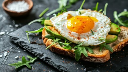 Avocado Sandwich with Fried Egg - sliced avocado and egg on toasted bread with arugula for healthy breakfast or snack, copy space. 