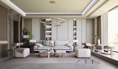Modern living room with fireplace featuring contemporary furniture and luxury decor