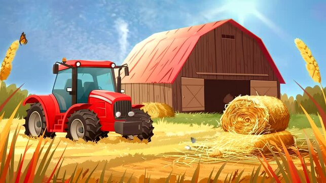 Tractor and barn in a field. Seamless loop video background