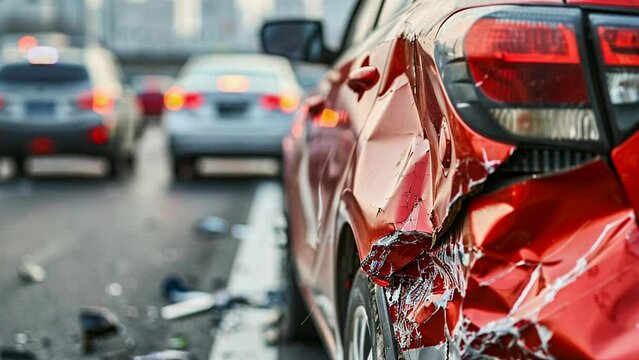 car accident. closeup of red vehicle with damaged rear end after collision on the road