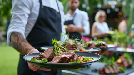 Waiter carrying plates with meat dish on some festive event, party or wedding reception restaurant....