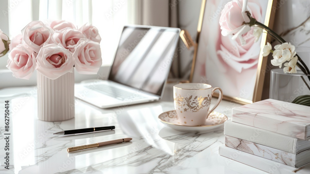 Poster a desk with a laptop, a cup, a vase of roses, and a stack of books. the desk is well organized and c