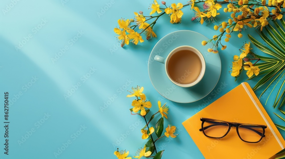 Poster a cup of tea is on a table with a book and a pair of glasses. concept of relaxation and leisure, as 