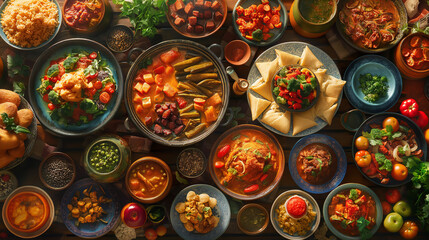 A colorful spread of Indian food, featuring curries, rice, and flatbread, on a wooden table.