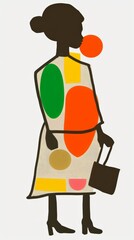 A woman in a geometric dress walks down the street, seemingly lost in thought