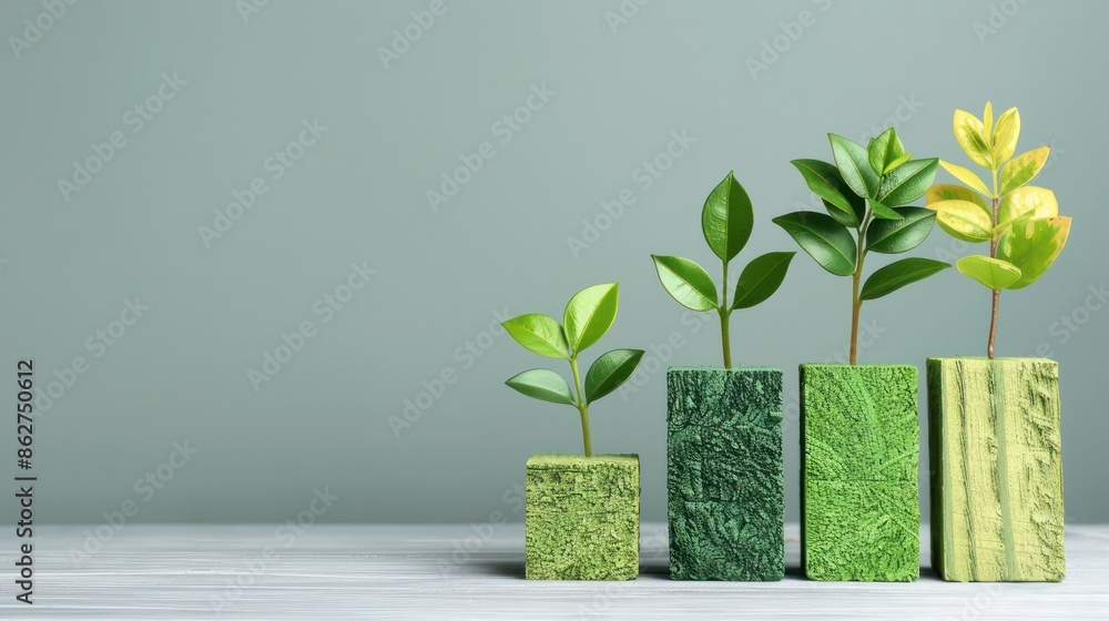 Poster a row of four green plants are displayed in four different sized planters. the plants are all at dif