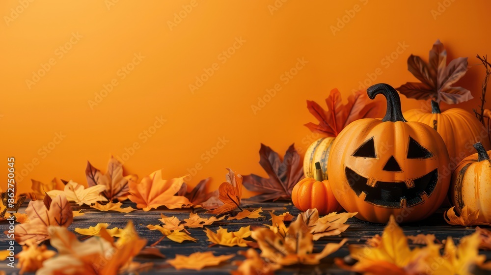 Poster a pumpkin with a scary face is surrounded by orange leaves on a table. the scene is set in a hallowe