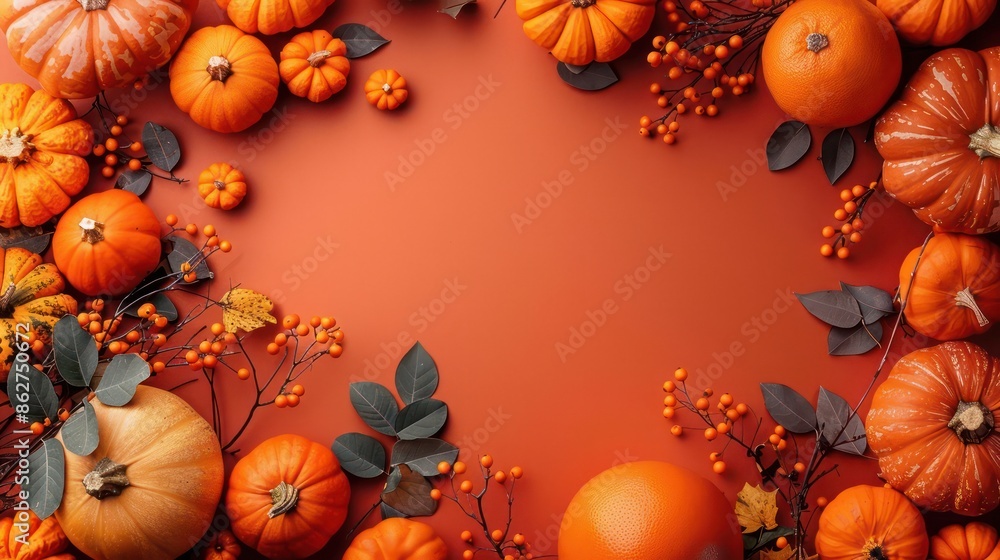 Poster a close up of a pumpkin patch with many pumpkins and berries. concept of abundance and warmth, as th