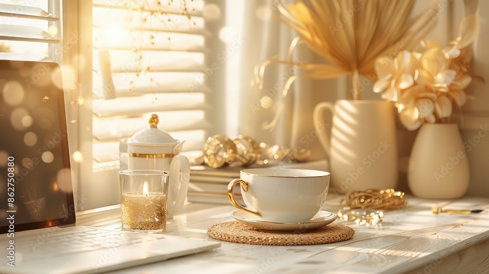 Poster a laptop is on a desk next to a cup of coffee. the cup is on a coaster and has a gold rim. there are