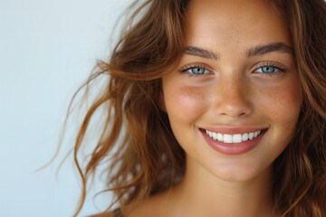 Naklejka premium Beautiful young woman with healthy teeth on white background, ai technology