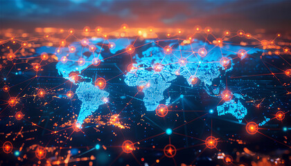 World map with interconnected business nodes and technology icons.