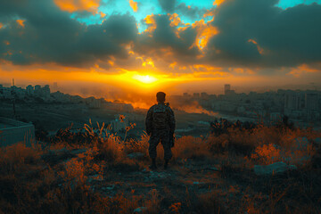 Fototapeta premium Middle East Peace Process: Efforts to resolve conflicts in the region.A man is on a hill, watching the sunset over a city