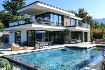 Fototapeta premium A modern home with a rainwater harvesting system, illustrating sustainable living practices.