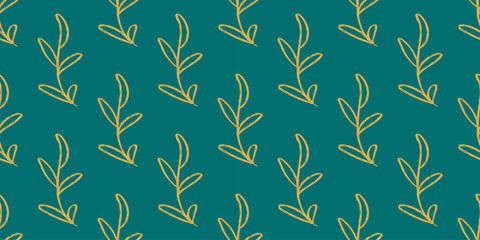 Golden foliage on emerald background seamless pattern. Green leafy background. Natural print for textile, paper, wallpaper, vector graphics