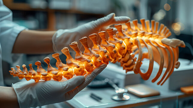 Closeup of doctor hand in gloves holding a glowing wooden scapula model highlighting the spine and coracoid process