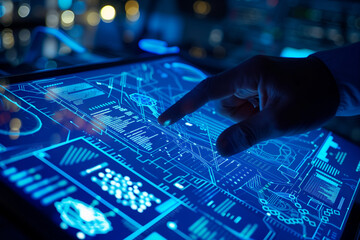 close-up of a digital tablet displaying machine learning algorithms and data models, with a researcher analyzing the information. Commercial photo