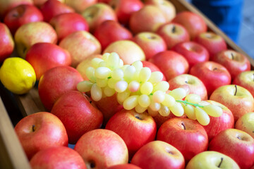 A bunch of grapes sitting on a pile of apples in the image