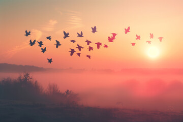 A flock of birds in graceful flight during the tranquil twilight hours of the morning. Commercial professional colorgrading photo