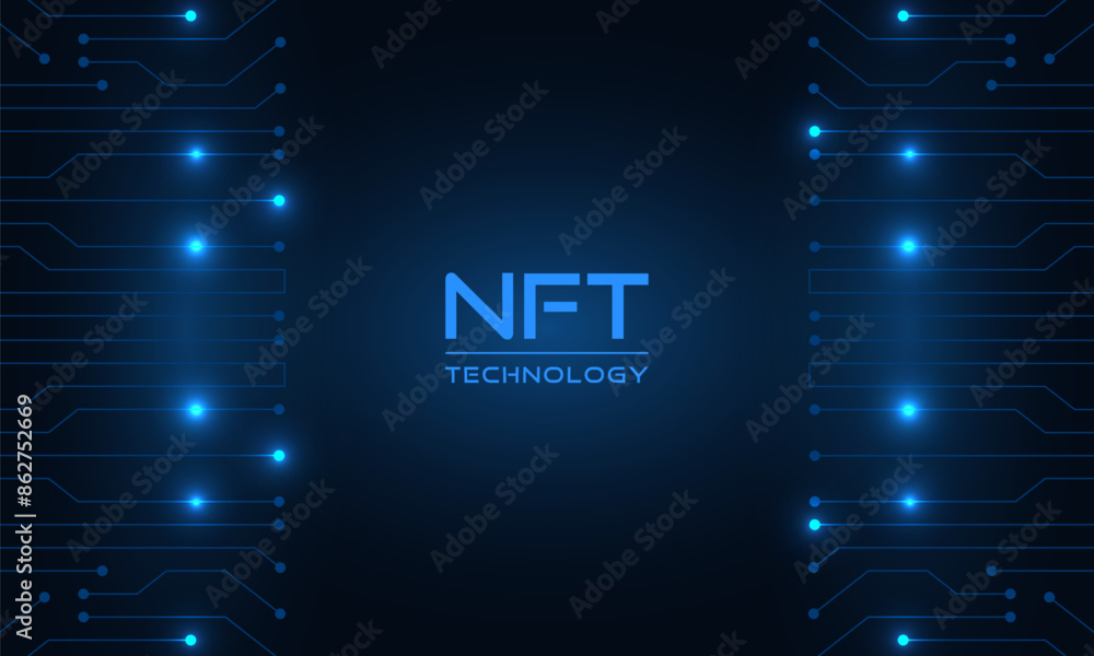Poster Glowing blue NFT technology banner. Abstract digital technology background with circuit board elements. Blue modern hi-tech vector illustration.