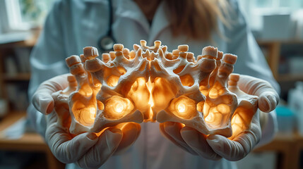 Obraz premium Closeup of doctor hand in gloves holding a glowing wooden vertebra model detailing the spinous process and vertebral foramen