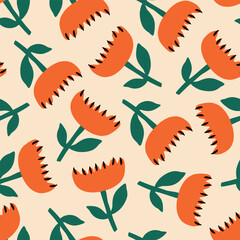 Abstract flowers hand drawn vector illustration. Colorful floral ornament in flat style seamless pattern for kids fabric or wallpaper.