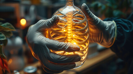 Closeup of doctor hand in gloves holding a glowing wooden rib cage model