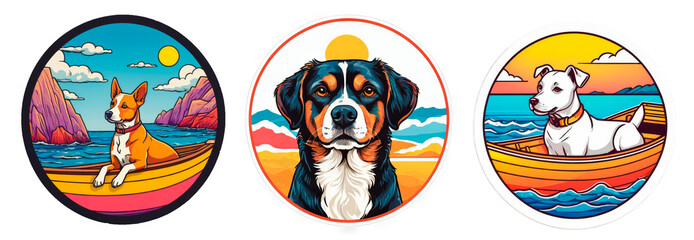 Multicolored cartoon dog sticker in a round frame on a transparent background