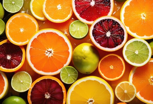 vibrant sliced citrus fruits arrangement display, colorful, fresh, juicy, lemons, oranges, grapefruits, limes, slices, bright, tropical, round, yellow