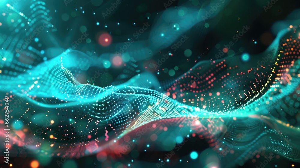 Poster abstract waves of light with glowing dots. digital artwork or abstract design of energy wave made fr