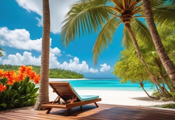 tropical relaxation scene deck chair under palm tree, leisure, vacation, paradise, serene, tranquil, exotic, coastal, sunny, resort, peaceful, idyllic