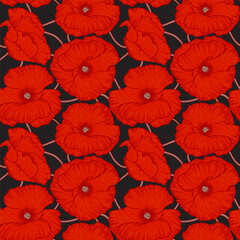 Art floral vector seamless pattern. Red poppies with orange leaves isolated on grey background. For fabric, home and kitchen textile, wallpaper design.