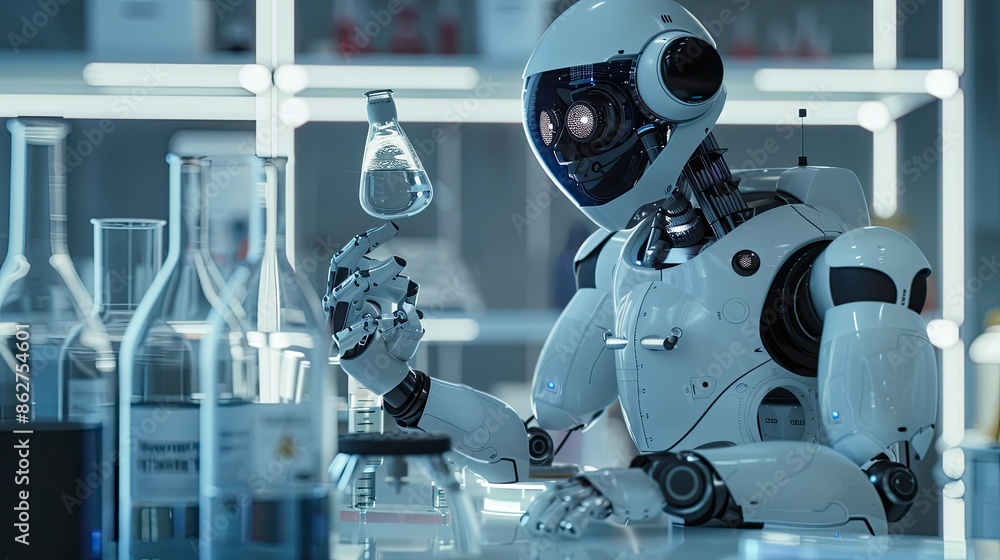 Poster a robot conducting experiments in a laboratory, analyzing samples and recording data