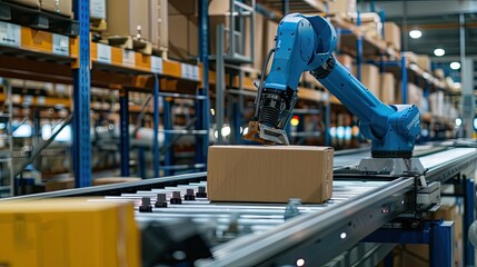 Fototapeta premium A robotic arm sorting packages in a distribution warehouse, optimizing logistics operations