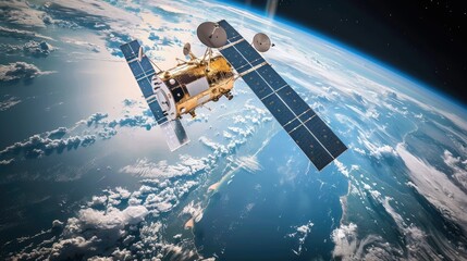 A satellite orbiting Earth, transmitting data and imagery back to ground stations