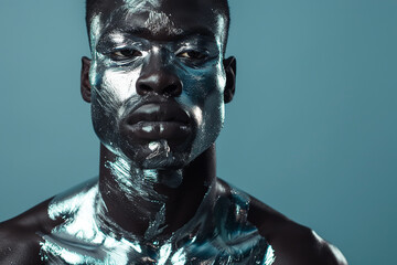 Obraz premium Portrait of African male model with liquid silver paint on his skin, soft lighting, blue background