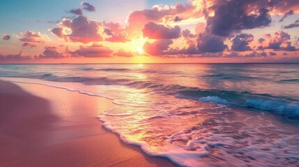 A serene beach scene at sunrise, with calm waves gently lapping the shore and colorful clouds in the sky