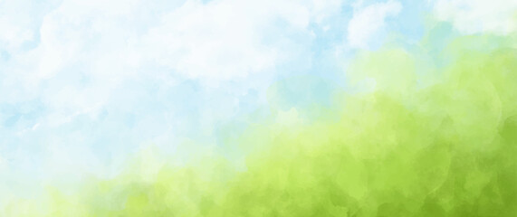 	
Abstract summer landscape vector watercolor background with blue sky, white clouds and green field. Watercolor illustration for interior, flyers, poster, cover, banner. Modern hand draw painting.