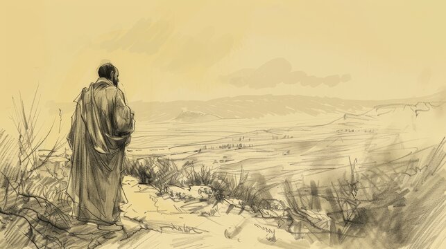 Deuteronomy:The Death of Moses,Deuteronomy Moses Viewing Promised Land, Mount Nebo, Poignant Scene, Beige Background, Copyspace