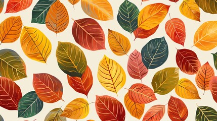 A seamless pattern of colorful autumn leaves on a cream background.