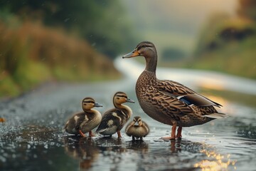 Obraz premium Duck Family Walking On Wet Road During Golden Hour
