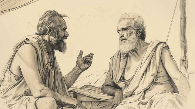 Exodus:Jethro’s Advice,Genesis Counsel: Jethro Advises Moses, Judges, Biblical Illustration, Serene Camp, Beige Background, Copyspace
