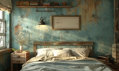 Rustic bedroom with an empty frame on the nightstand