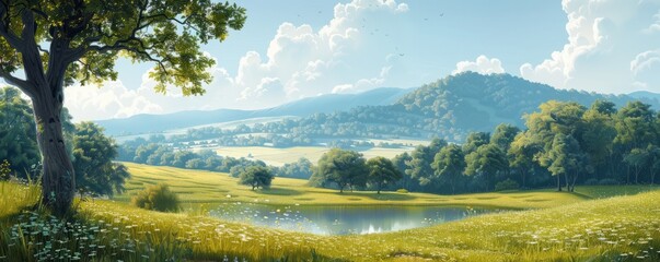 Fototapeta premium A tranquil countryside landscape with green fields. Realistic.