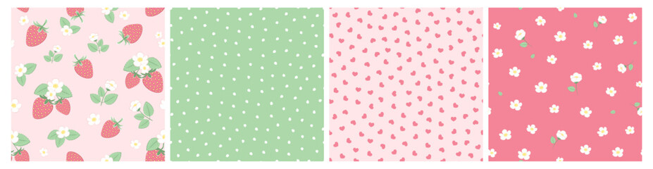 Vector illustration. Seamless patterns in pink tones, strawberries, flowers, dots, hearts. Fruits, summer, vacation, fabric design, wrapping paper