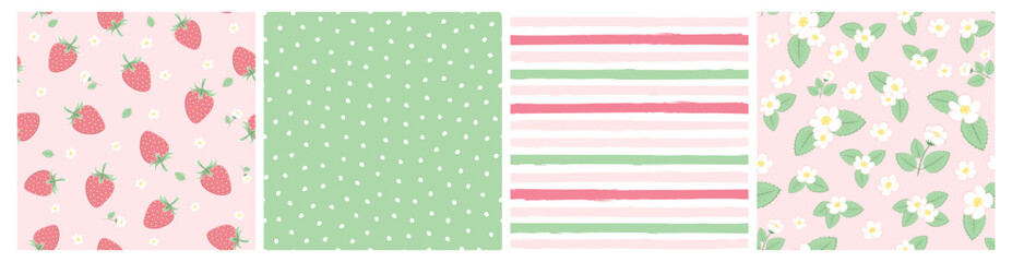 Vector illustration. Seamless patterns in pink tones, strawberries, flowers, dots, stripes. Fruits, summer, vacation, fabric design, wrapping paper