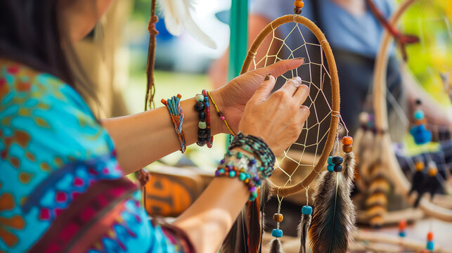 Artisan creating a unique dreamcatcher using feathers and beads at an outdoor craft market surrounded by nature.