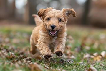 A Happy Golden Retriever Puppy Running Through Fall Leaves