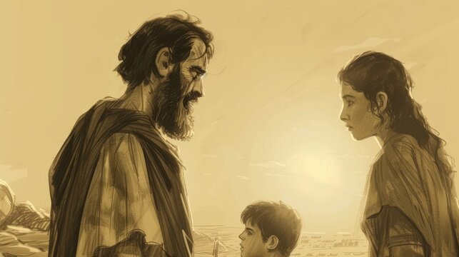 Genesis:The Birth of Isaac,Genesis Hagar and Ishmael: Departure, Abraham&rsquo;s Sorrow, Dawn, Biblical Illustration, New Beginnings, Beige Background, Copyspace